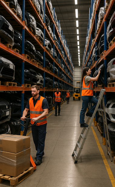 FITPARTS warehouse with aftermarket bumper covers and collision parts